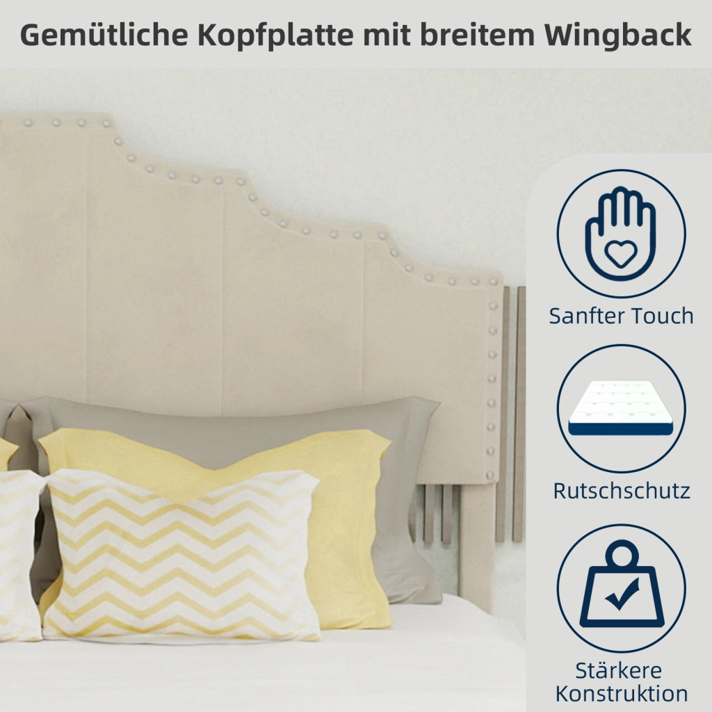 Letto Basso 140 x 200 cm - Testiera Imbottita con Design Geometrico - in Tessuto - Beige