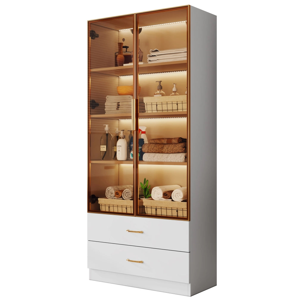 Mobile bagno alto in MDF bianco con vani aperti; ante e vetro temperato