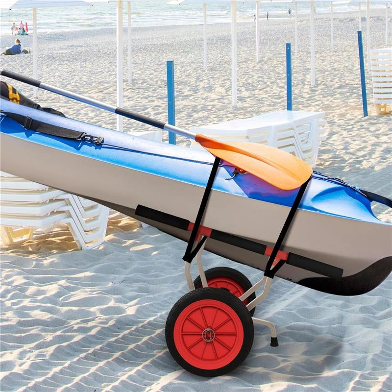 CARRELLO PER KAYAK E SUP CON LARGHEZZA REGOLABILE IN ALLUMINIO RUOTE Ø 25 CM MAX 100 KG NERO E ROSSO