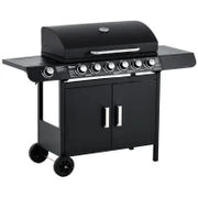 Barbecue a Gas con Coperchio, 7 Bruciatori da 20kW, Fornello Laterale e 2 Ruote, 135x50x100cm Nero
