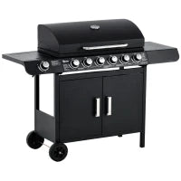 Barbecue a Gas con Coperchio, 7 Bruciatori da 20kW, Fornello Laterale e 2 Ruote, 135x50x100cm Nero