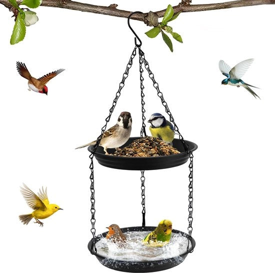 Piscina per uccelli appesa, cassetta alimentare a doppia lastra, stazione alimentare in plastica per uccelli selvatici, cassetta alimentare per giardino/balcone