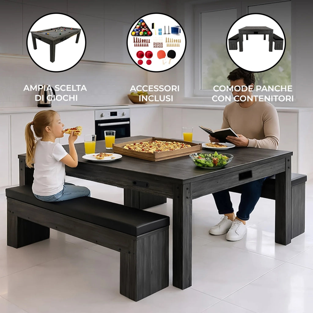 Tavolo Multi Gioco 7-in-1 7ft (213 cm) Grigio con 2 Panche Contenitore