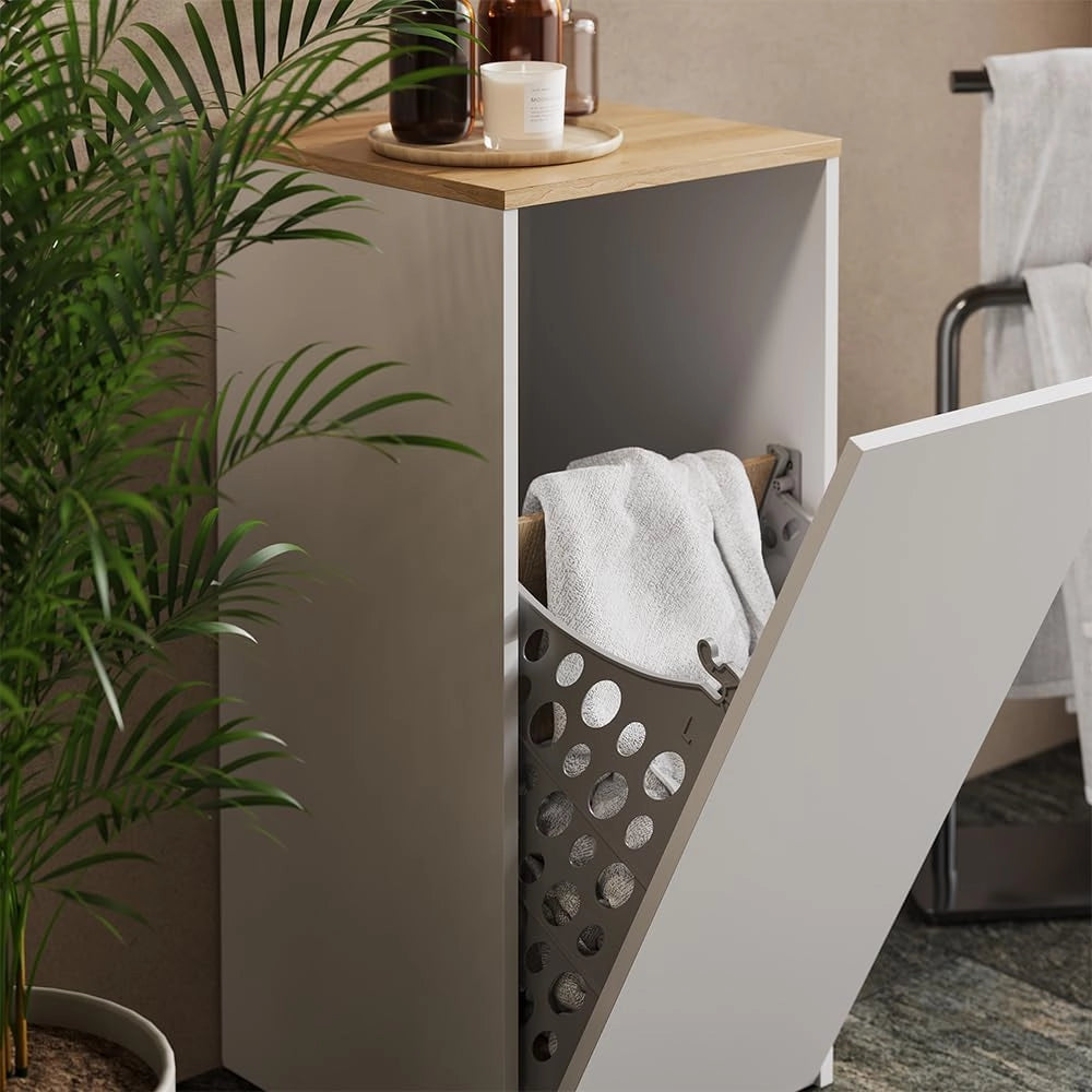 armadietto da bagno con portabiancheria Viktor, Bianco/Artisan, 40.2 x 88.2 cm con cesto portabiancheria, con cesto della biancheria integrato per una conservazione discreta