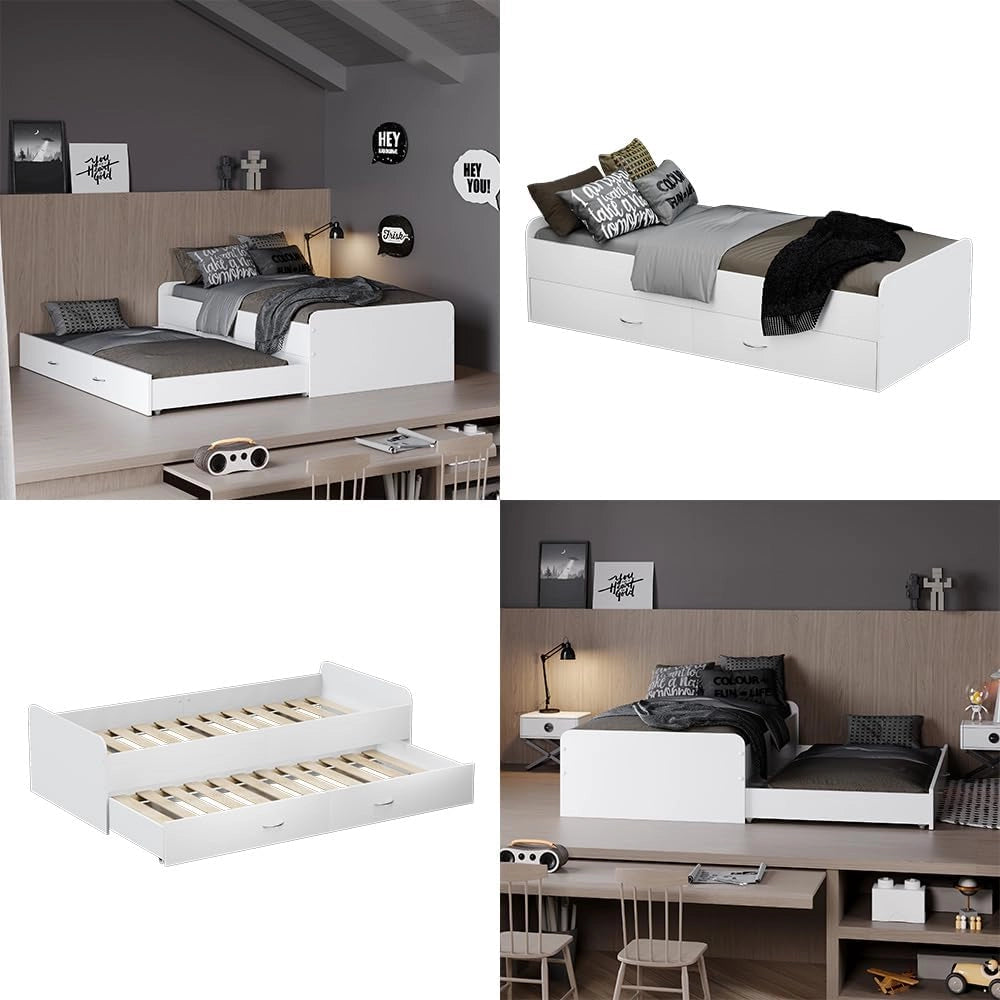 Oskar Store Letto per bambini Jaspar, Bianco, 204 x 94 cm con rete a doghe, senza materasso