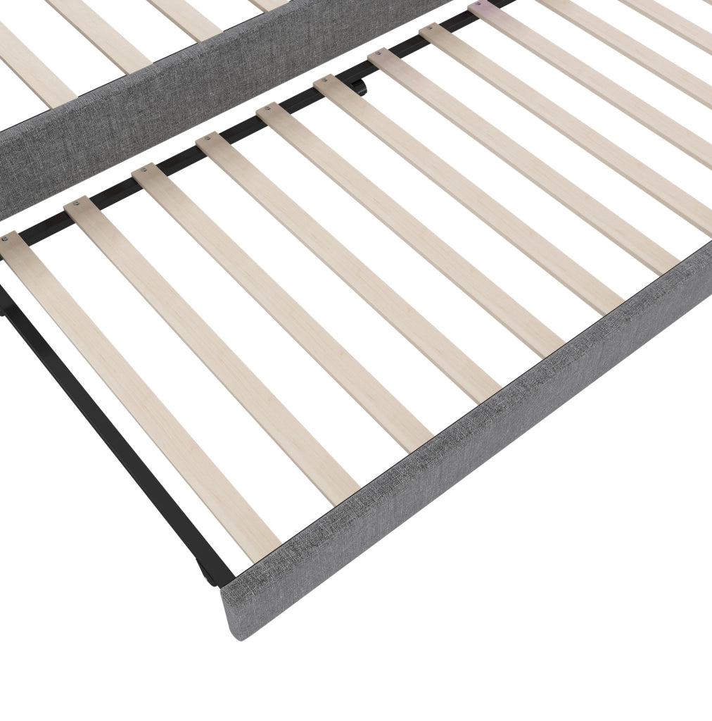 Letto 140x200 cm estraibile con LED; vano portaoggetti e USB in lino grigio