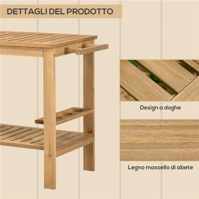 CARRELLO PORTAVIVANDE DA GIARDINO IN LEGNO CON 2 RIPIANI E PORTABOTTIGLIE, 95X47X74 CM, COLOR LEGNO
