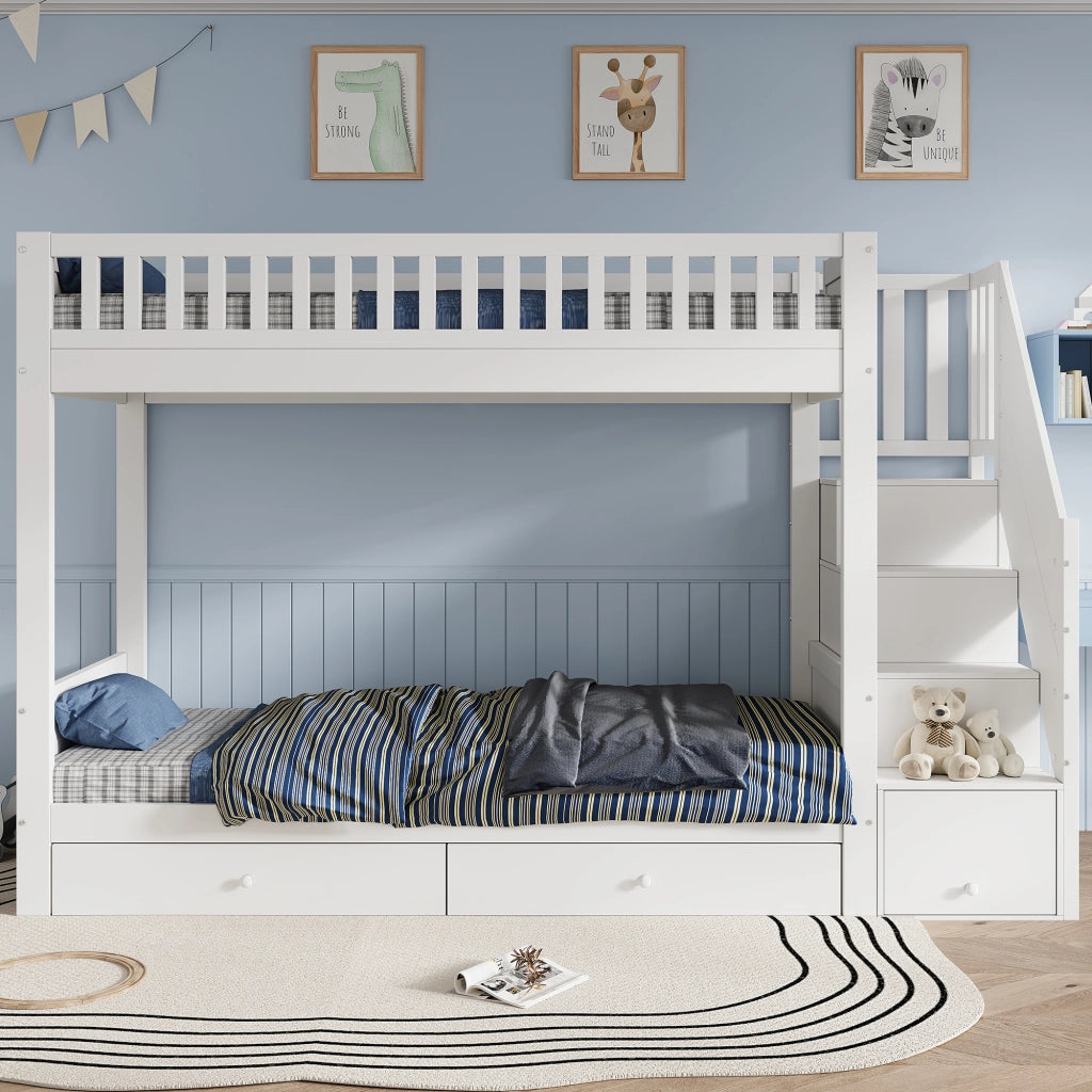 Letto a castello per bambini 90 × 200 cm con scala contenitore e 2 cassetti, senza materasso, in legno, bianco