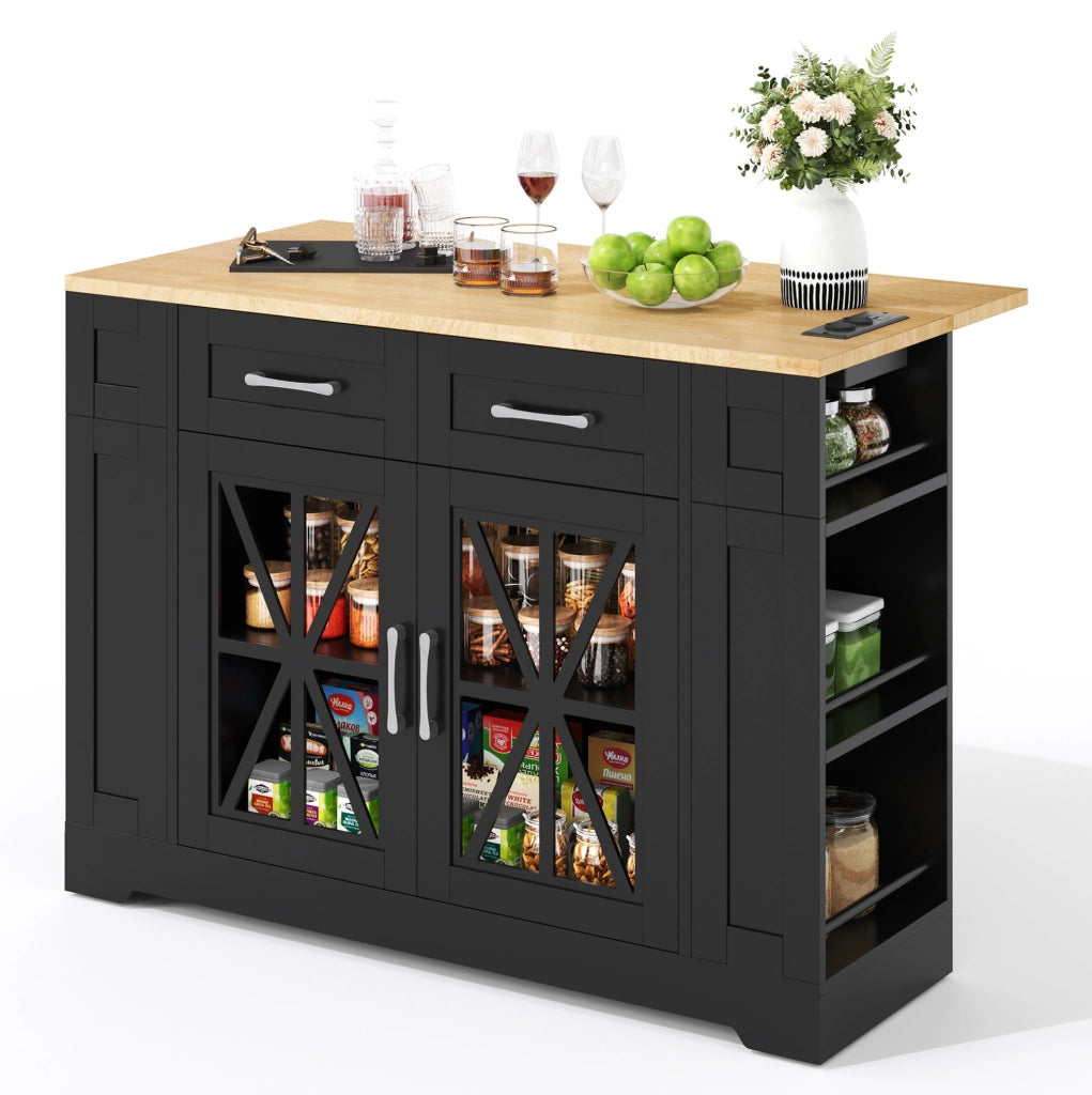 Isola da cucina su ruote con tavolo ribaltabile; prese AC e USB; 120 cm; MDF; nero e naturale