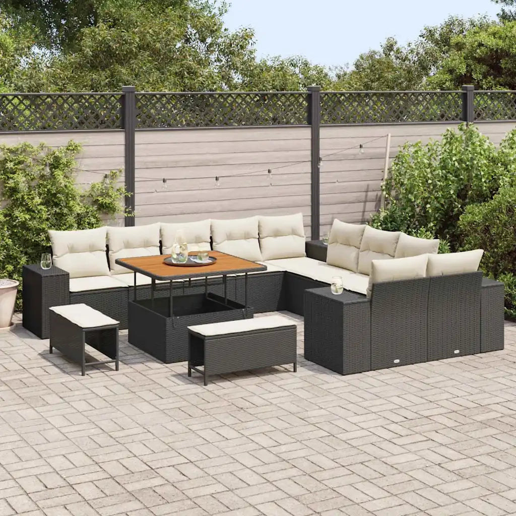 Set Divano da Giardino con cuscino 13 pcs Nero polyrattan