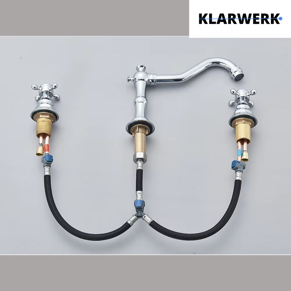 JULIAN | Rubinetto da bagno vintage a 3 fori cromo lucido Lavello in acciaio inossidabile retrò premium | Antico miscelatore 2 maniglie argento