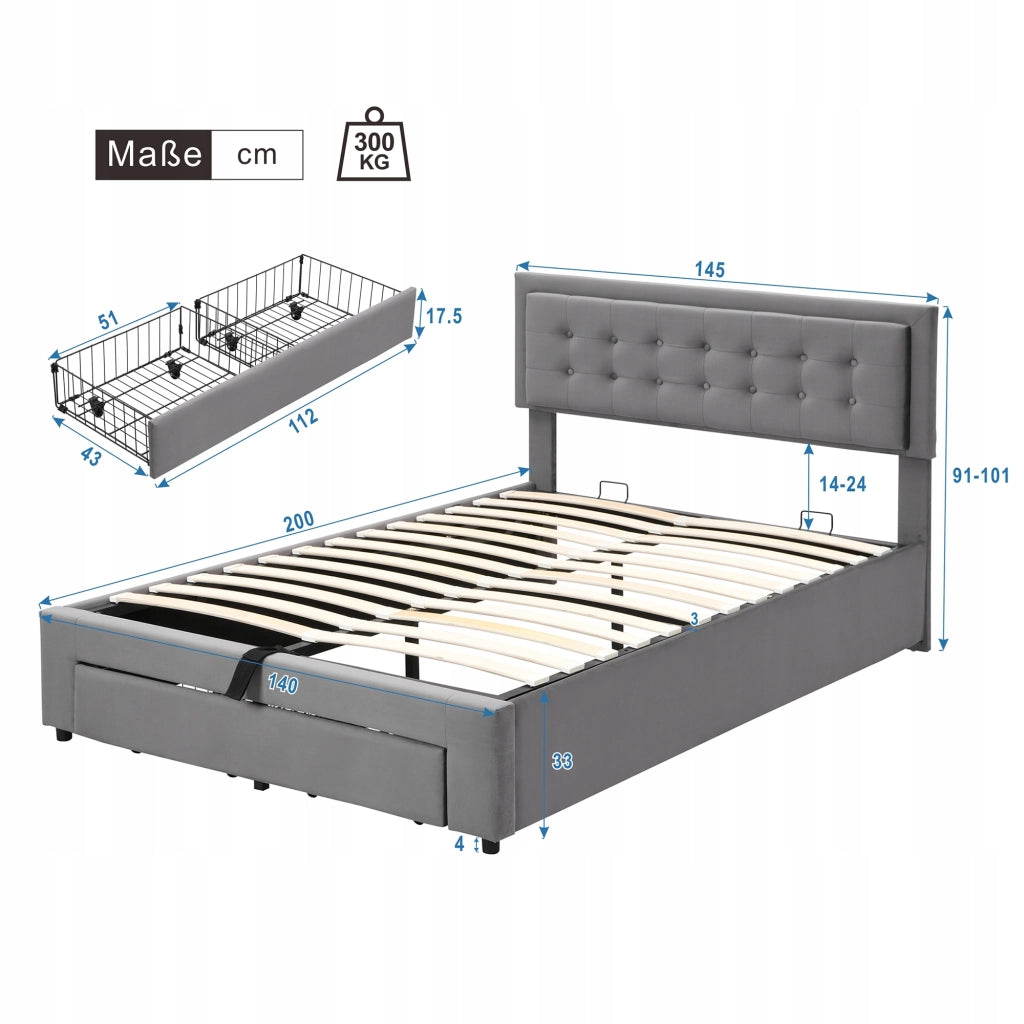 Letto 140x200cm - Xylo - Velluto, Contenitore, Struttura, Grigio