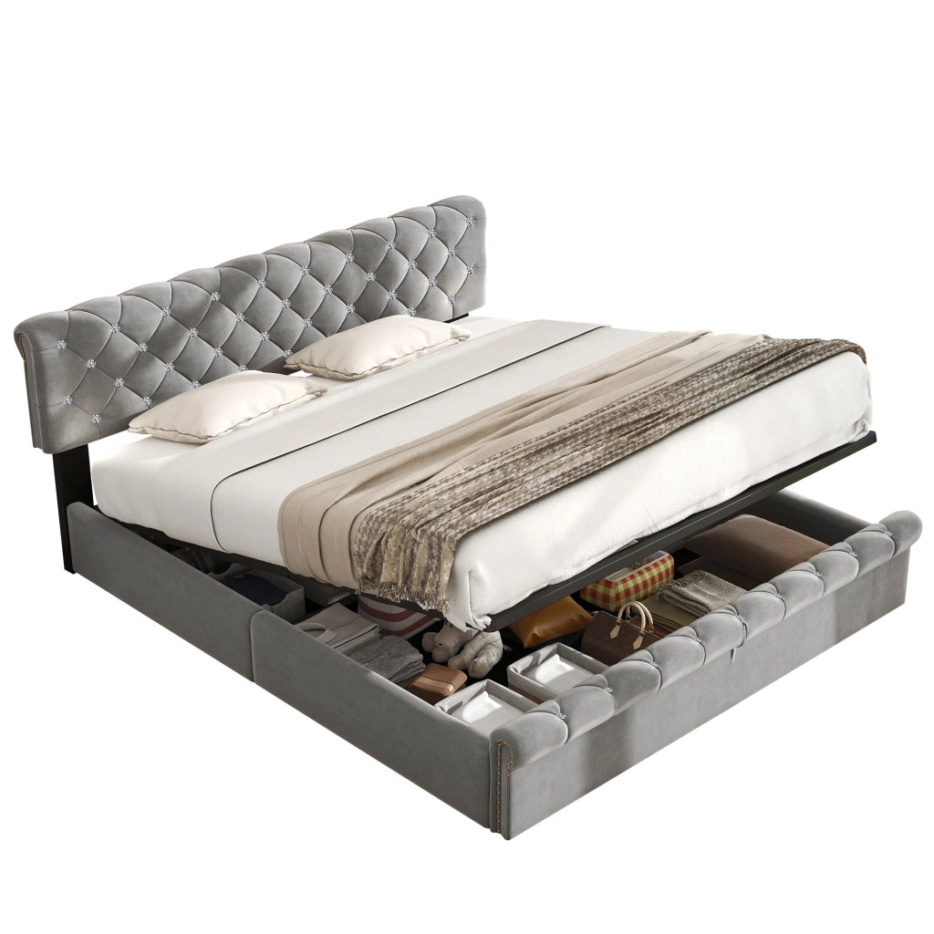 Letto imbottito 160x200 cm in velluto grigio con contenitore e testiera regolabile