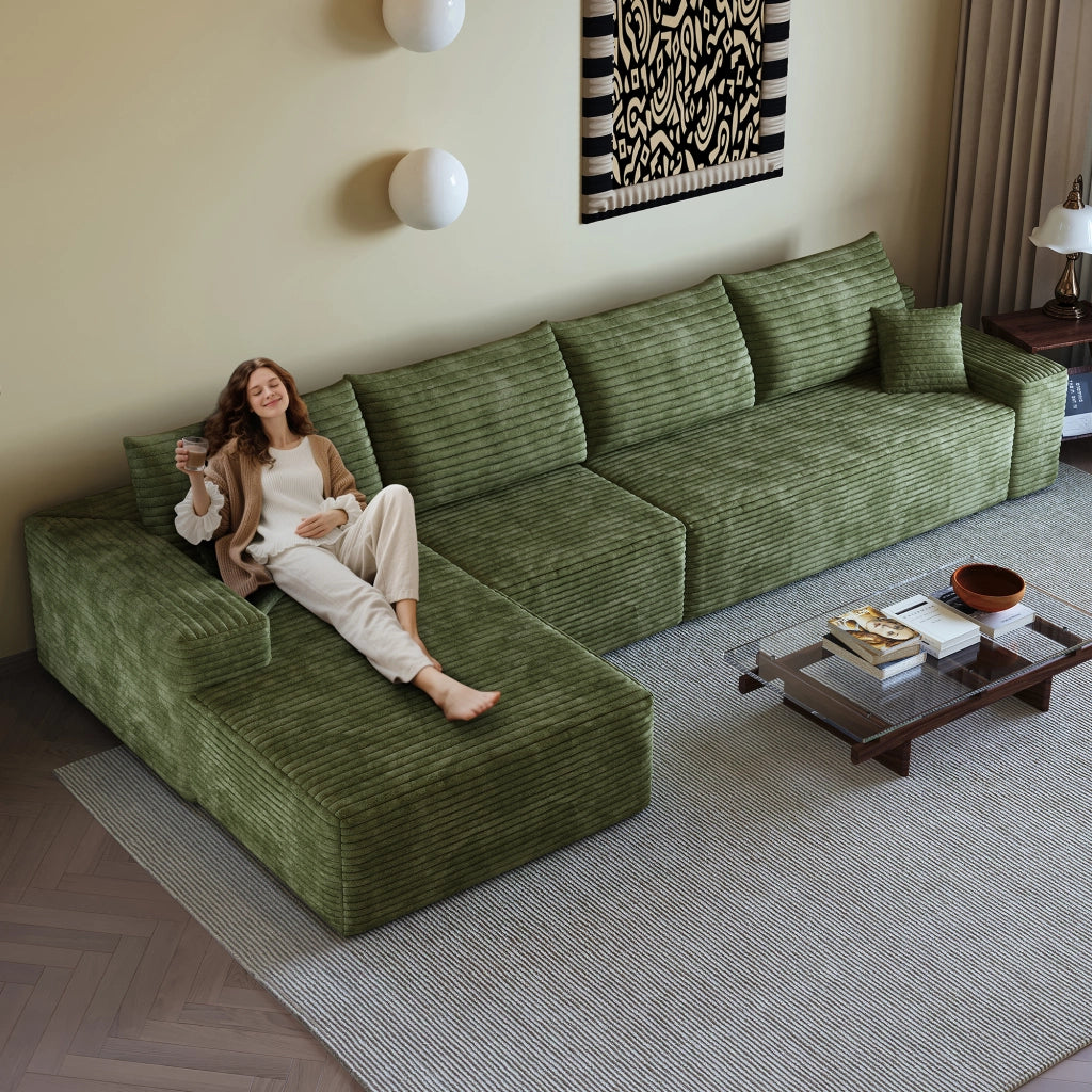 Divano ad angolo modulare con chaise longue e schiuma ad alta elasticità senza montaggio in tessuto verde