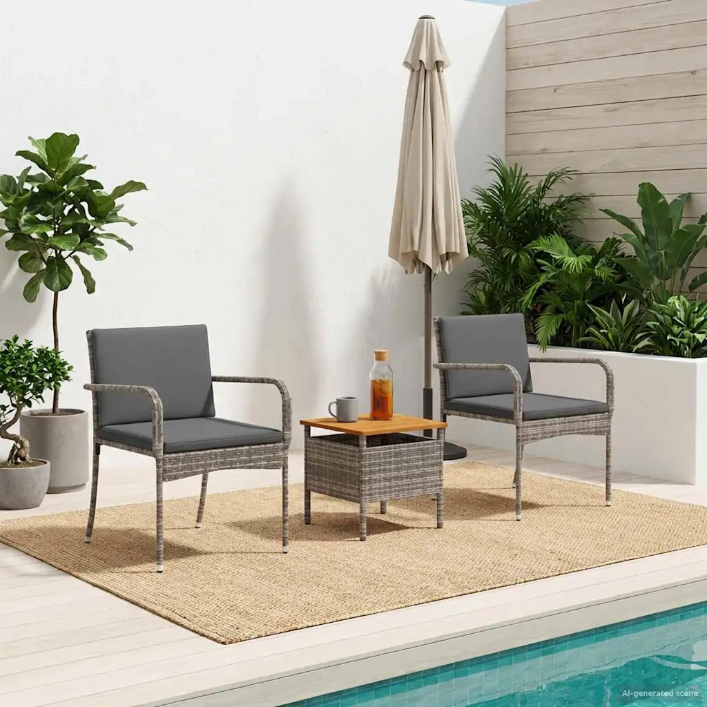 Set Bistro da Giardino con cuscino 3 pz | Set Salotto da Giardino Grigio polyrattan