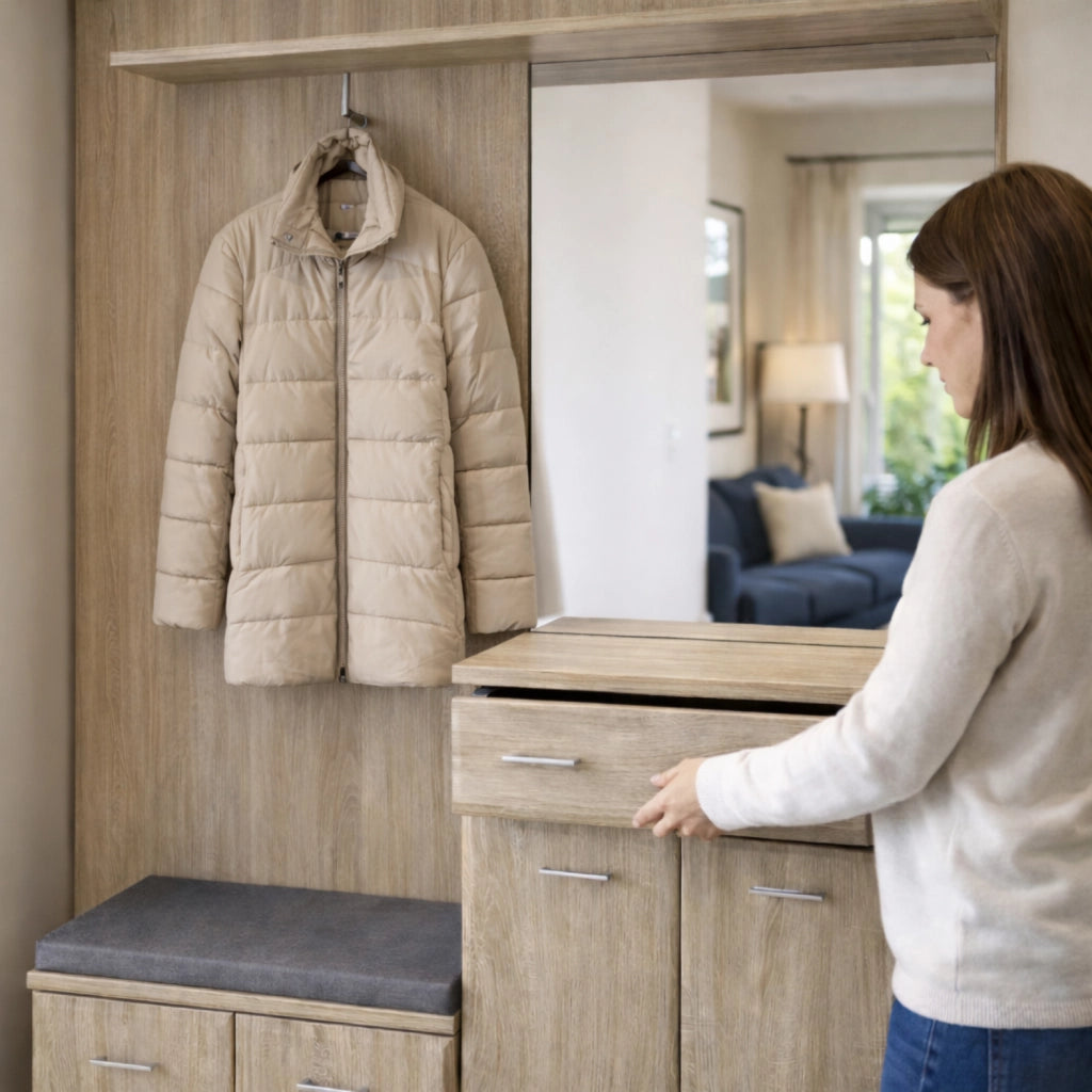 Set Ingresso Con Panca Portascarpe Appendiabiti Mobile Entrata Specchio Mobiletto Contenitore Multifunzione Salvaspazio Corridoio Casa Design Moderno 120 x 32 x 203 Cm Rovere