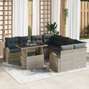 Set di Divani da Giardino da 9 Pezzi con Cuscini in Polyrattan Grigio Chiaro