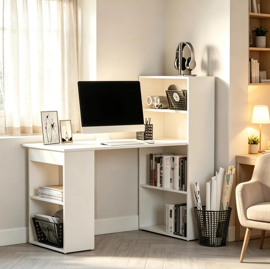 Scrivania computer bianca con libreria integrata 120x55x120 cm
