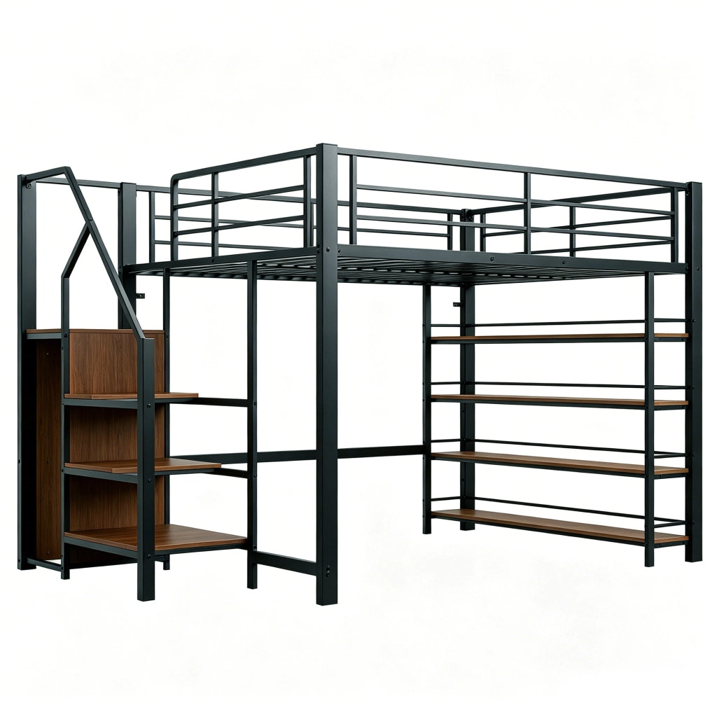 Hochbett 140x200 in metallo con scala contenitore, armadietto e mensole, nero
