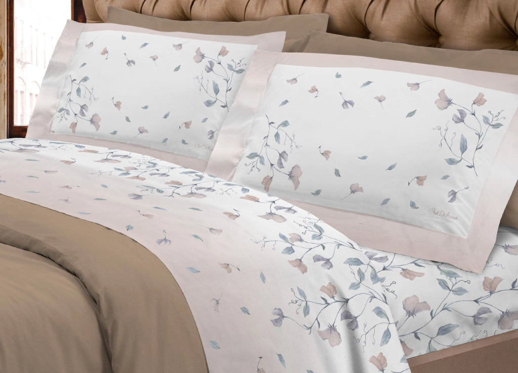 Completo Lenzuola In Morbida Flanella Linea SuperEuropa Disegno Pea Flower - Matrimoniale - Beige