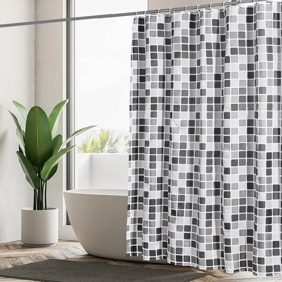 Douchegordijn in Mozaïek Stile Nero e Bianco e Grigio 180x180 cm Tessuto Acquapligato con 12 Anelli
