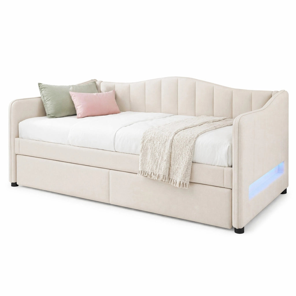 Letto singolo estraibile 90 × 200 cm in lino e MDF beige con LED controllabile tramite app e rete a doghe