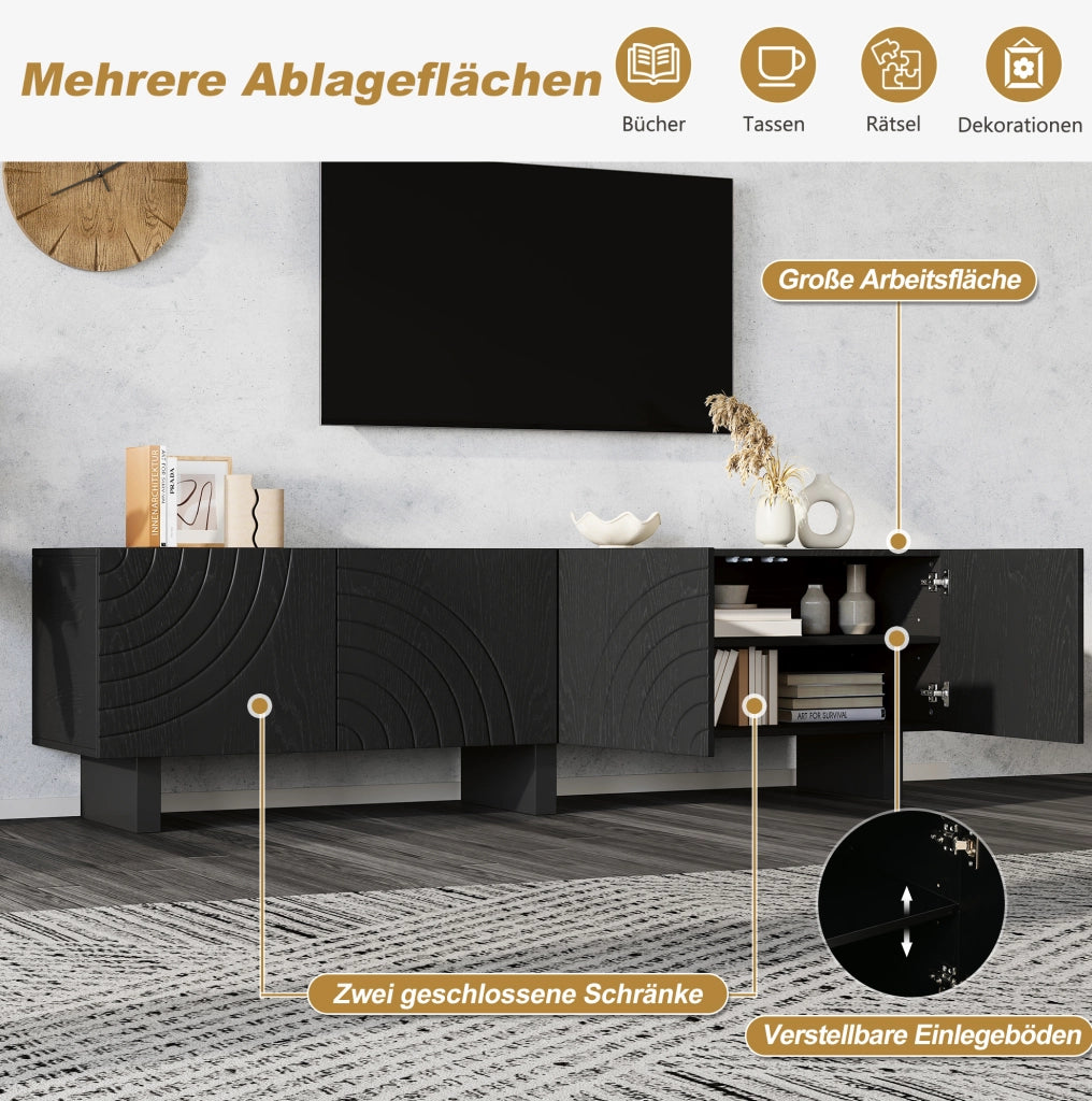 Mobile TV nero con 4 ante strutturate, 180 × 40 × 55 cm