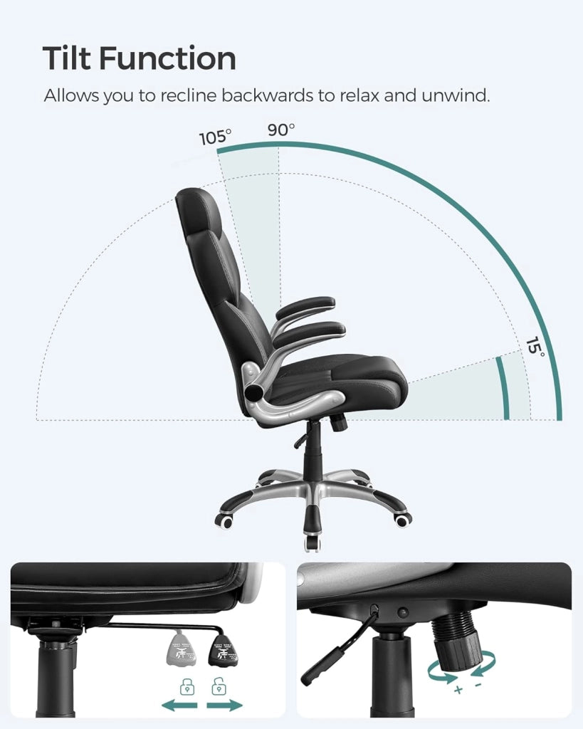 SONGMICS Sedia da Ufficio, Poltrona Girevole Ergonomica, con Braccioli Pieghevoli, Base a Stella in Nylon, Carico Massimo 150 kg, Nero OBG65BK