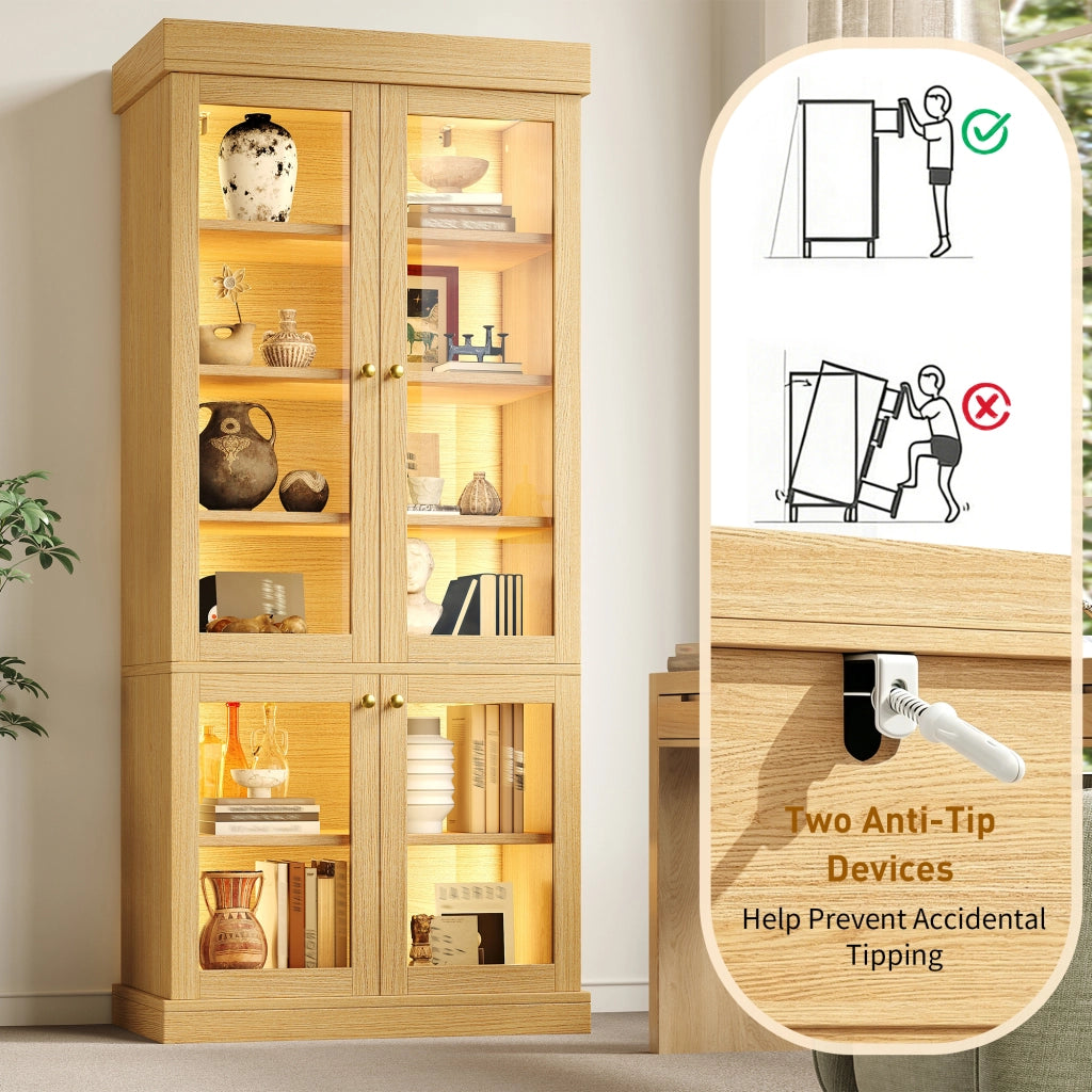 Armadio alto con LED; 2 sistemi antiribaltamento e ripiani - per soggiorno - 80x40x180 cm - in MDF e vetro - legno naturale