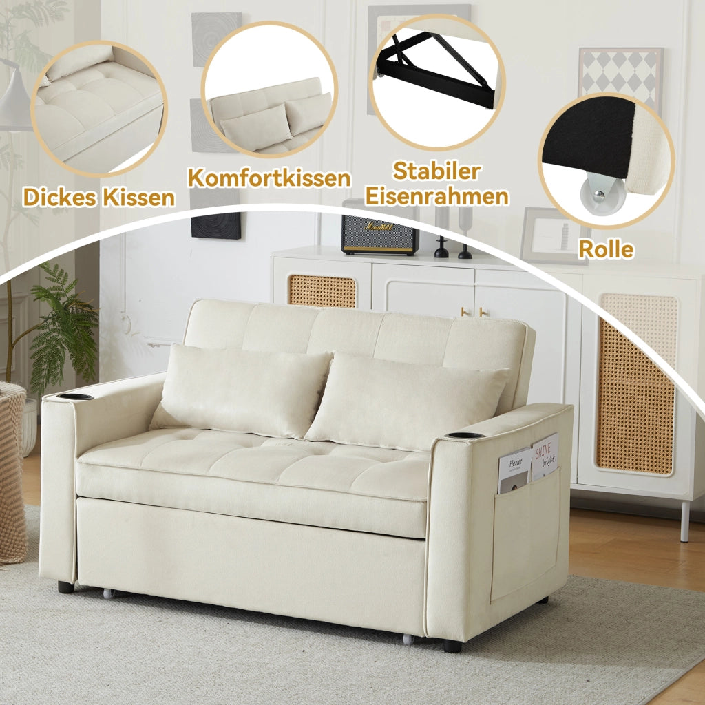 OKWISH Divano Letto 2 Posti, Schienale Regolabile a 3 Posizioni con Portabicchieri, Tasche Laterali e Cuscini, Velluto Beige