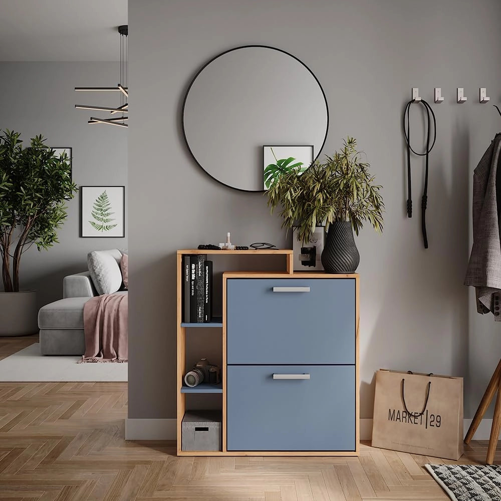 Scarpiera Orlando, Goldkraft rovere/blu, 80 x 90 cm, con due ripiani ribaltabili per riporre le scarpe in modo salvaspazio
