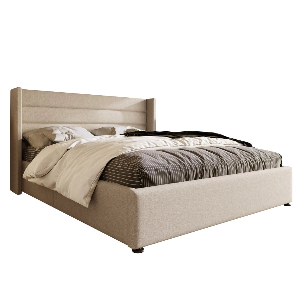 Letto Contenitore 180×200 cm; Letto Matrimoniale con Vano e Testiera Imbottita; senza Materasso; in Lino; Beige