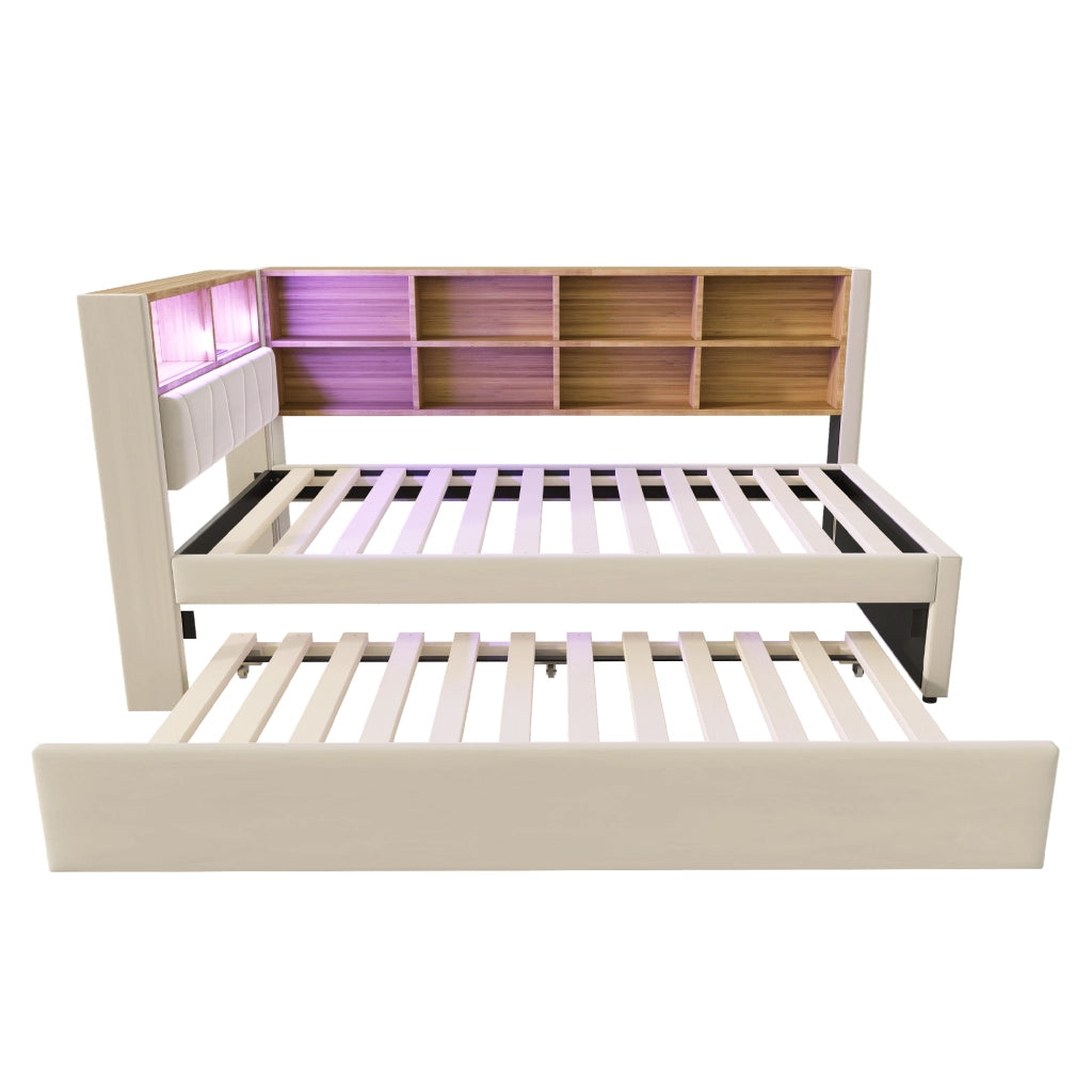 Divano letto multifunzione 90x200 cm con letto estraibile 90x190 cm, LED, prese multifunzione e vani contenitore, beige