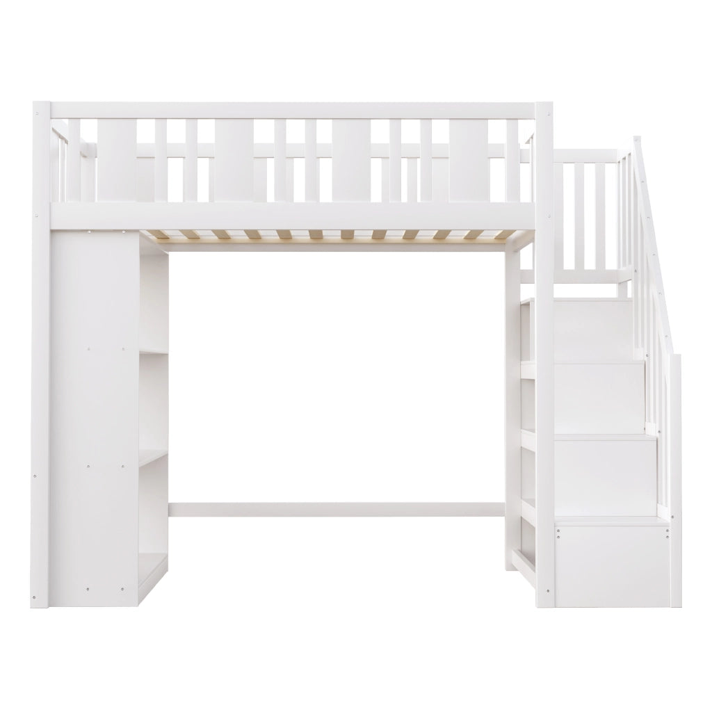 Letto a castello bianco in legno di pino con scala portaoggetti 90x200 cm