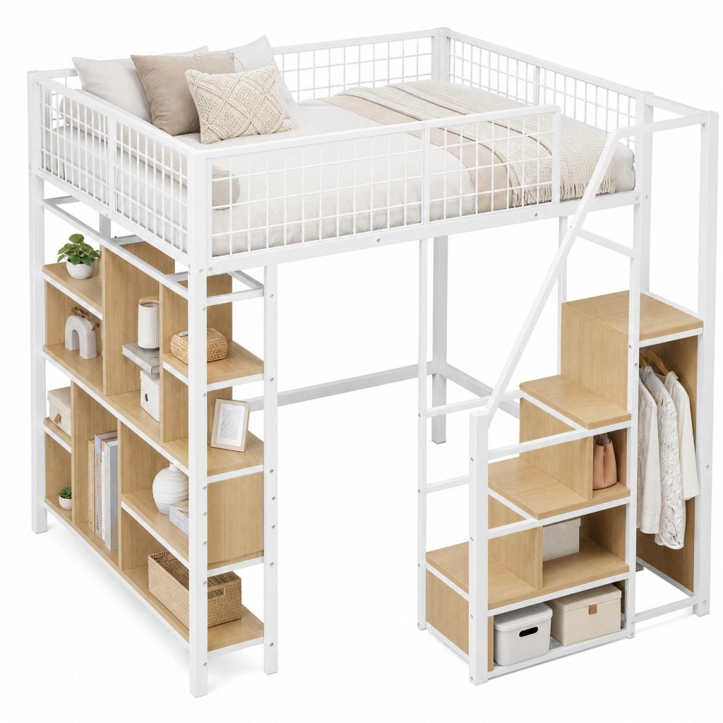 Letto a soppalco multifunzionale 140 x 200 cm in metallo e legno con scala contenitore, bianco