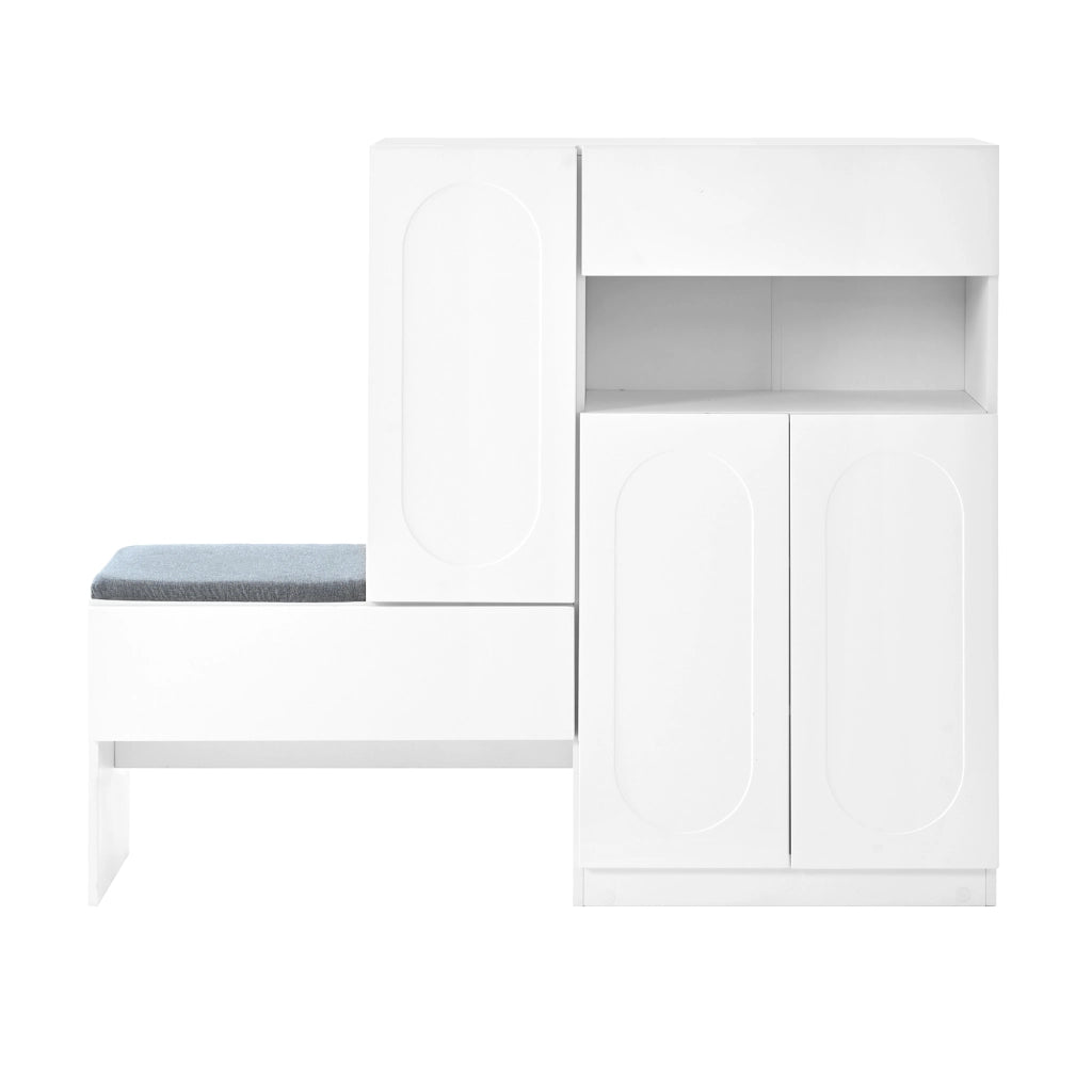 OKWISH Scarpiera con Panca, Vano Aperto e Ripiani Regolabili, Chiusura Ammortizzata, Bianco, 130 x 35 x 110 cm