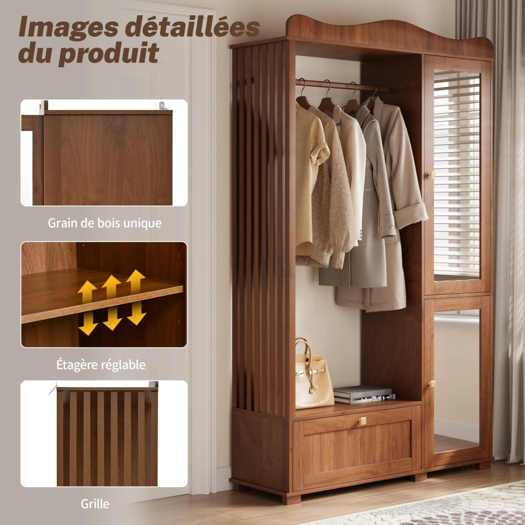 Armadio aperto con specchio integrato a figura intera, 2 ante e cassetti, per camera da letto e ingresso, in MDF noce