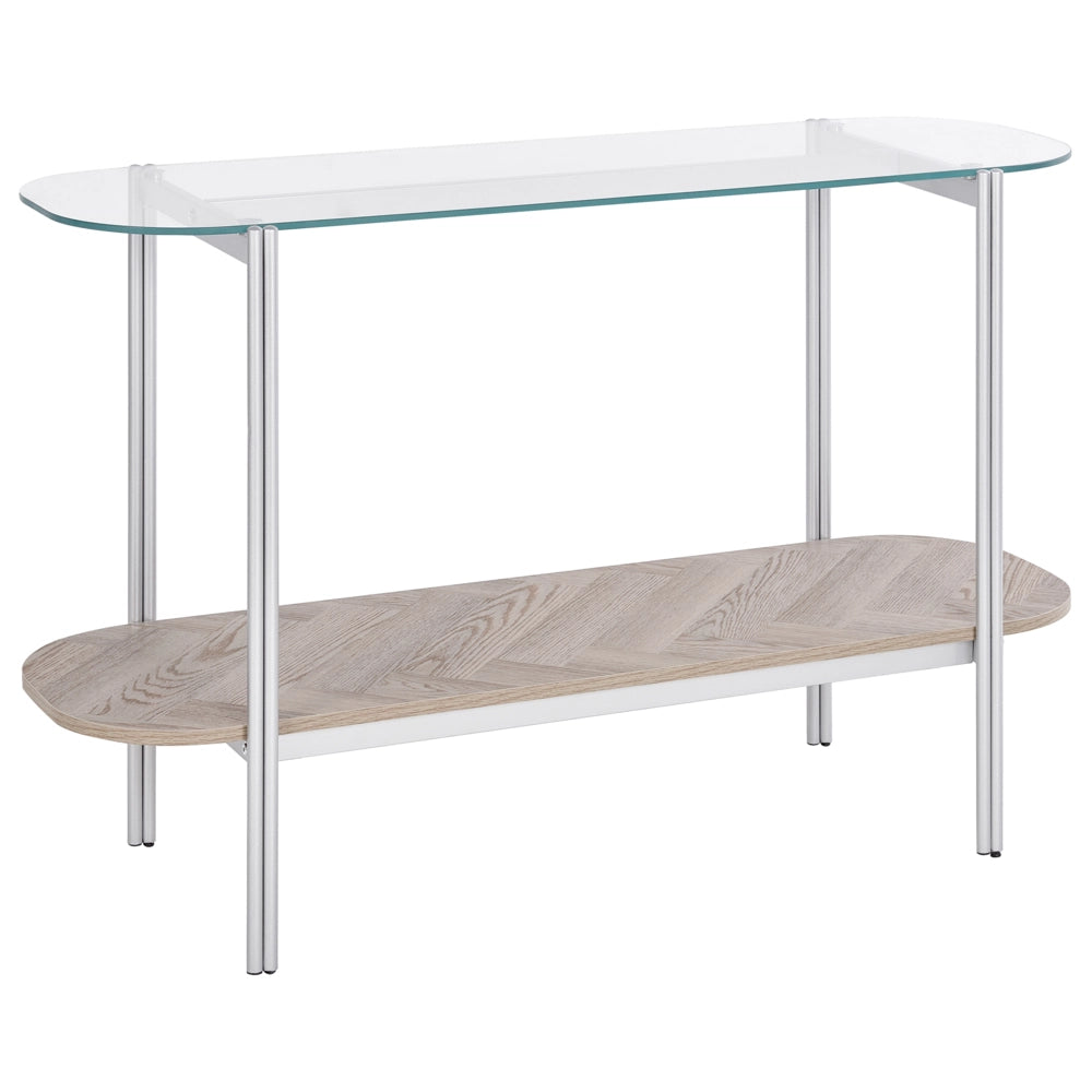 Tavolo console con piano in vetro temperato e struttura in metallo 1 ripiano in legno chiaro e argento stile moderno