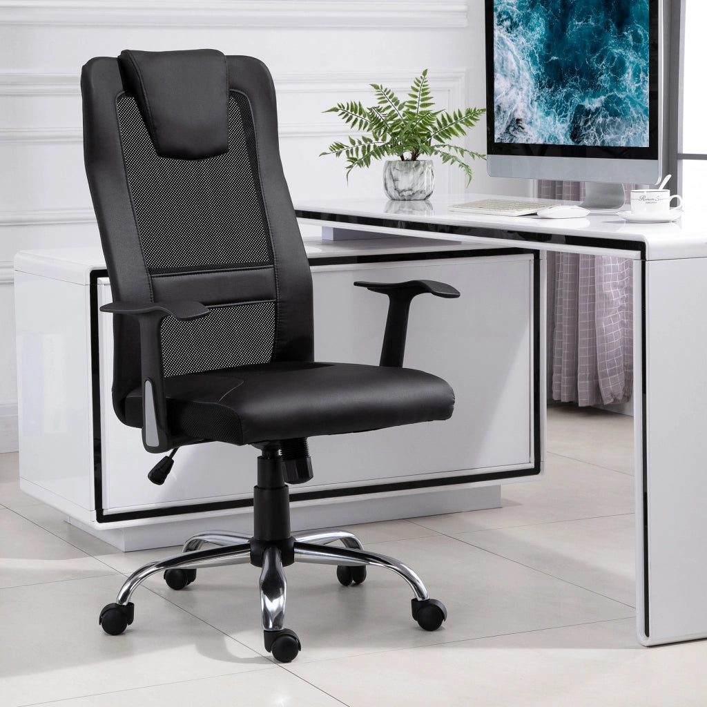 Sedia da ufficio ergonomica girevole con schienale a S, supporto lombare e cervicale, seduta imbottita in pelle nera