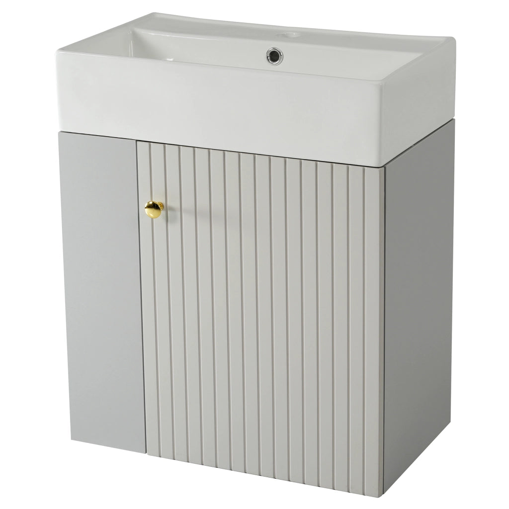 Mobile sottolavabo con lavabo in ceramica lucida, vani laterali e chiusura ammortizzata, per bagno, grigio e bianco