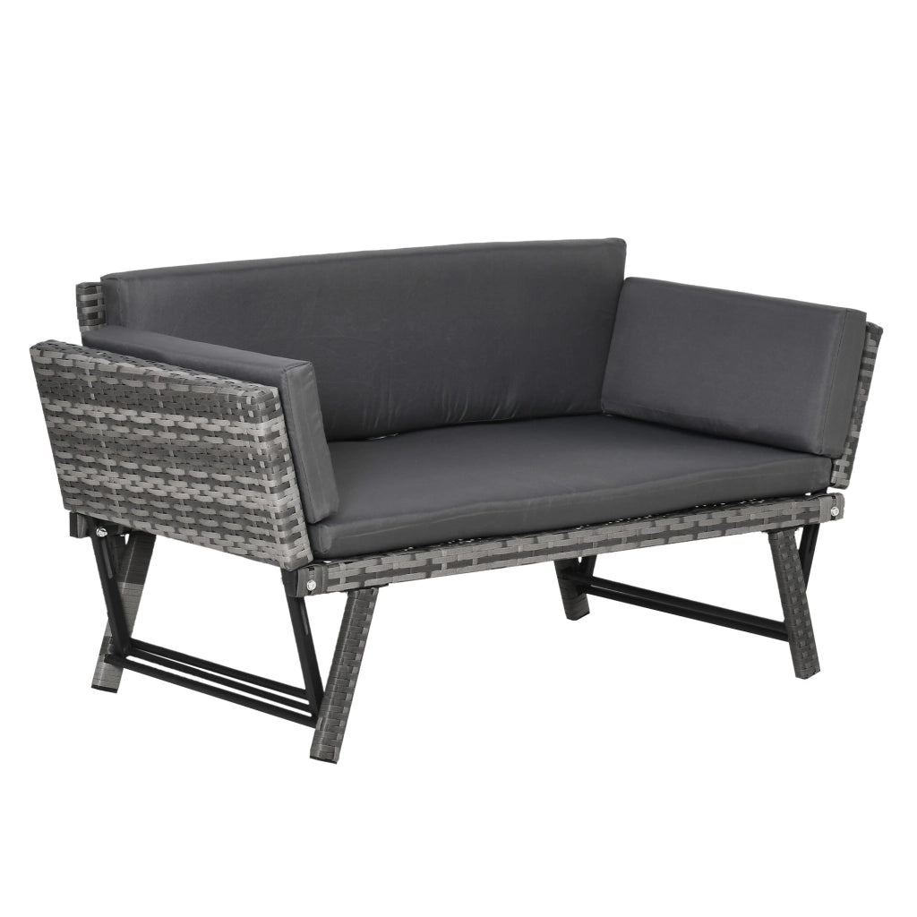 Divano da Giardino 2 Posti con Imbottitura e Braccioli Ribaltabili 129x63x67 cm in Rattan Grigio