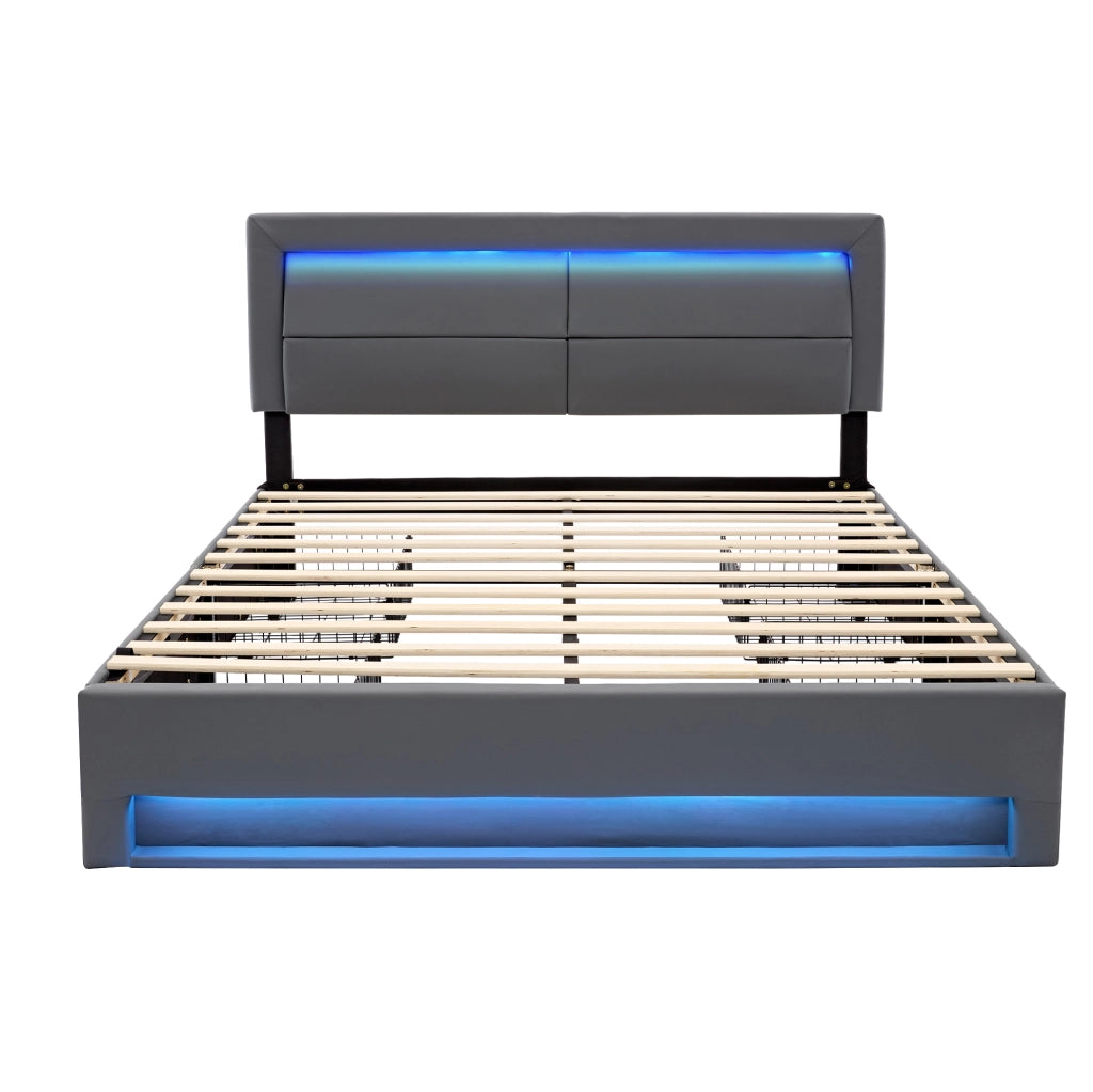Letto imbottito 140x200 cm in PU grigio con USB; LED e 4 cassetti