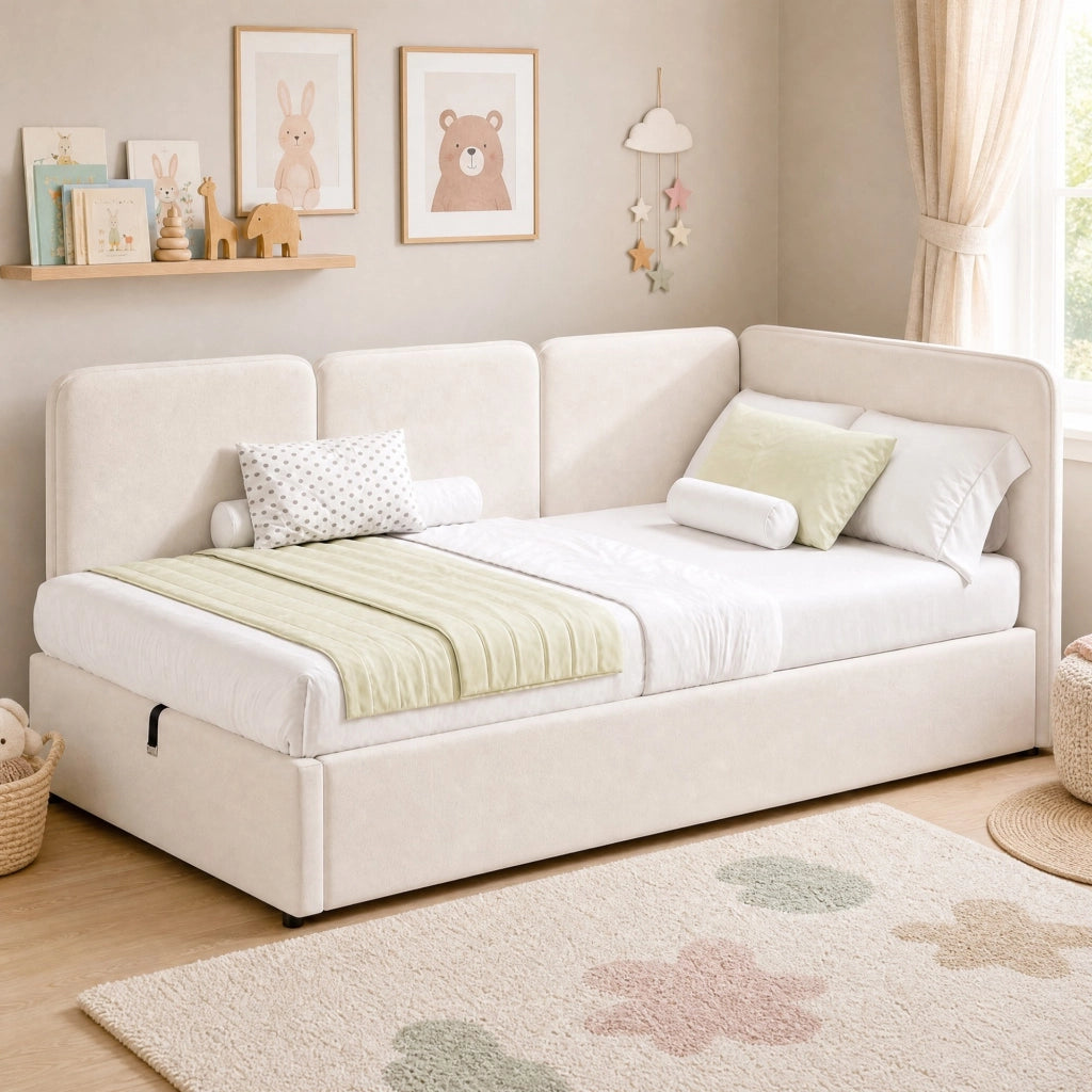 Letto contenitore 90 × 200 cm con sollevamento idraulico, lato reversibile, senza materasso, in velluto beige