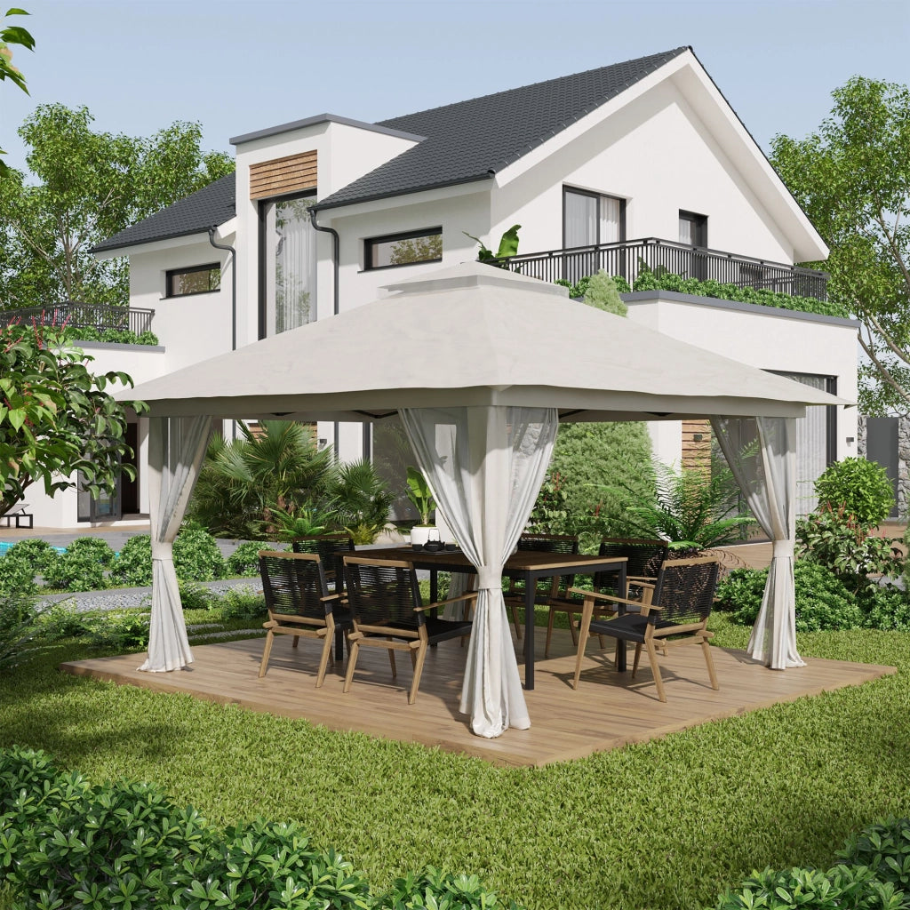 Gazebo Pieghevole 4x4 m ad Altezza Regolabile con Zanzariera e Borsa in Metallo e Tessuto Oxford Crema
