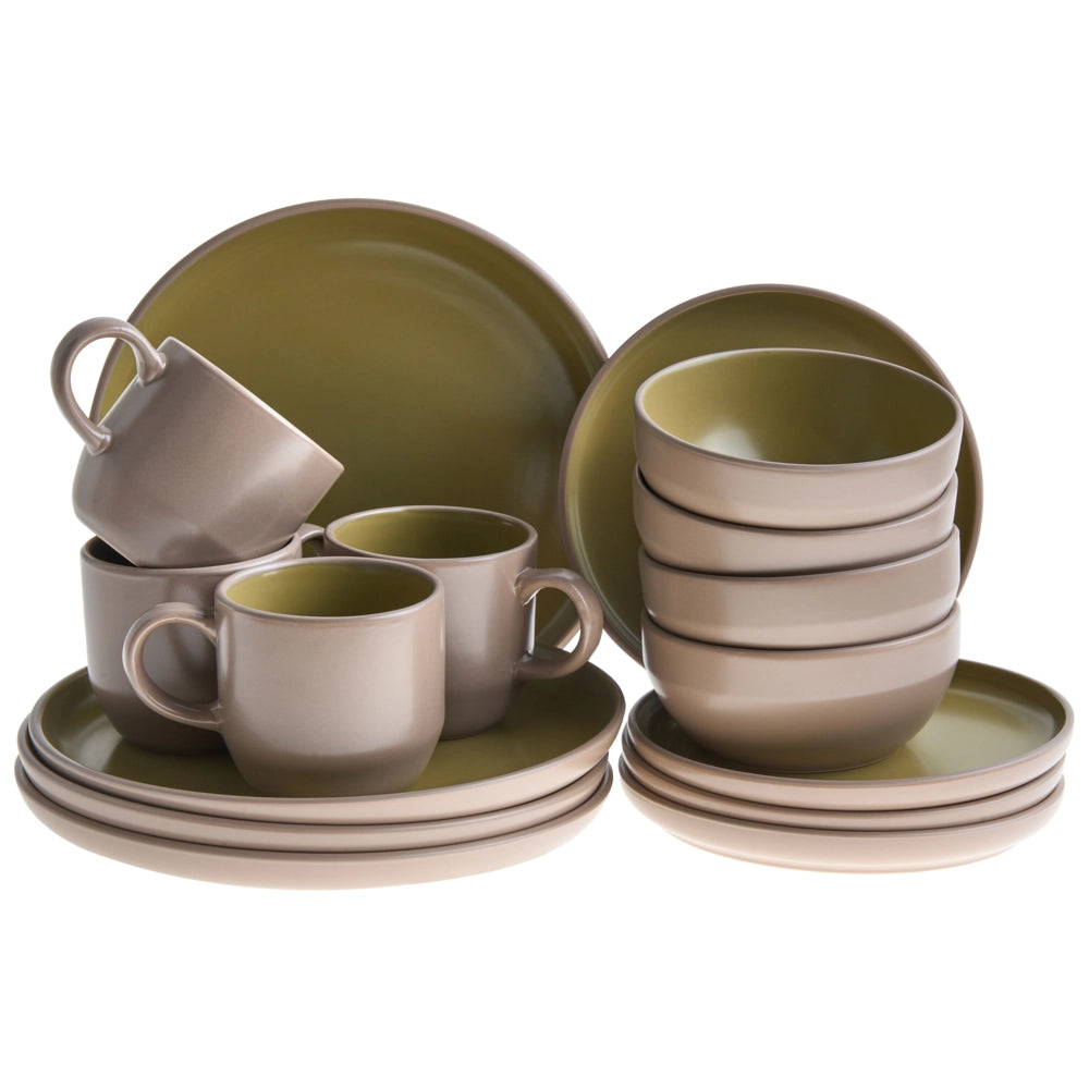 Servizio da tavola 16 pezzi in gres beige e blu elegante per cucina e sala da pranzo con finitura smaltata colorata per 4 persone