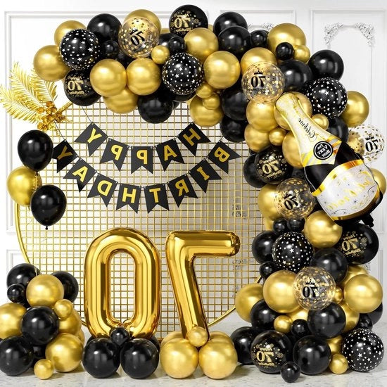 Decorazioni di compleanno 70 anni per uomini - kit di arco di palloncini in oro e nero - palloncini in oro e nero con numero 70 - bandiera di compleanno - decorazione di festa in oro e nero per donne di 70 anni