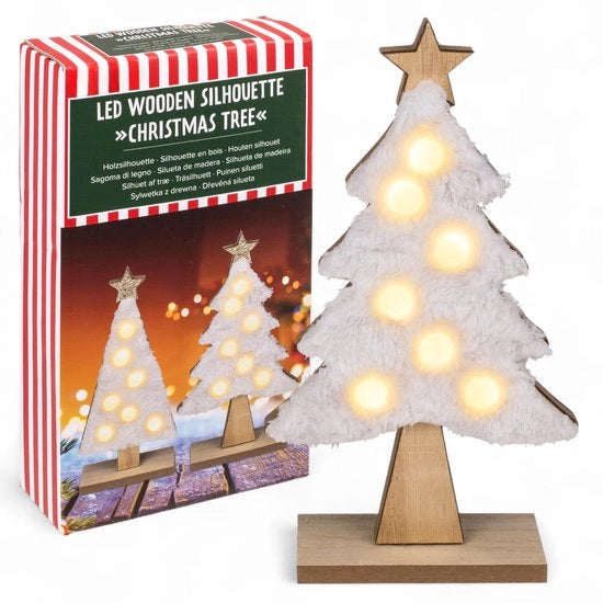 Albero di Natale in Legno con Decorazioni in Pelle Finta e Luce Bianca Calda