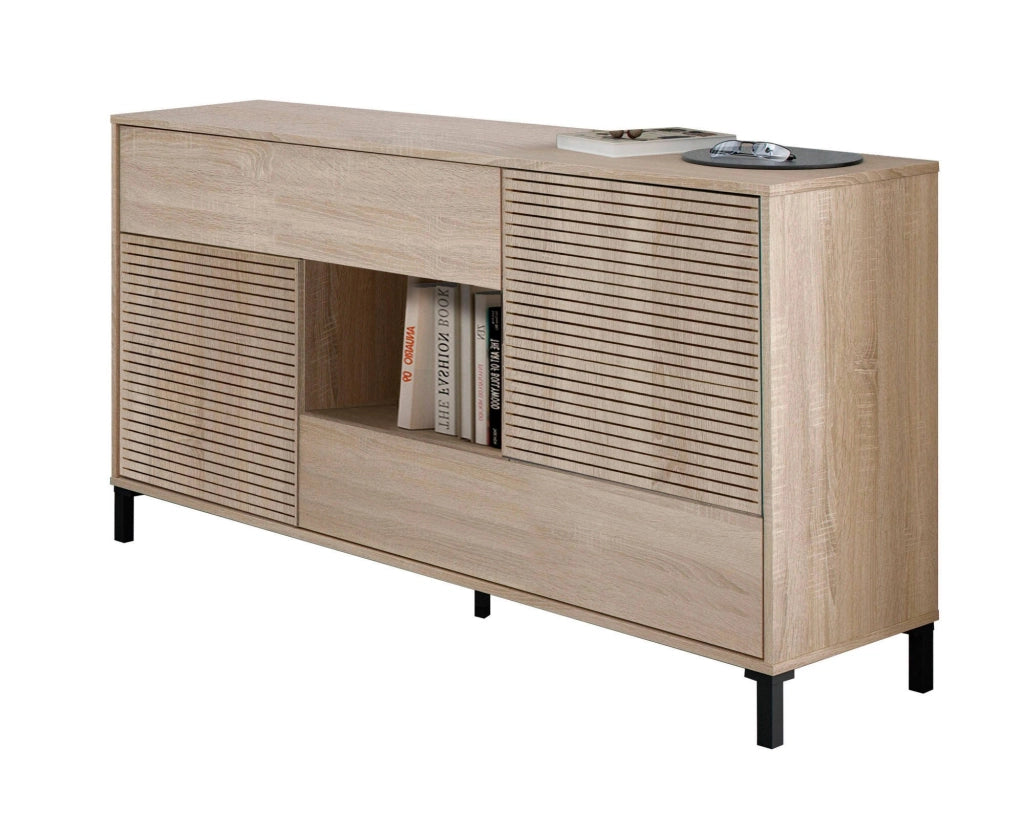 Credenza Abib, Madia moderna a 2 ante, Buffet da soggiorno, Mobile porta TV, Madia con piedini per salotto, cm 151x41h80, Rovere