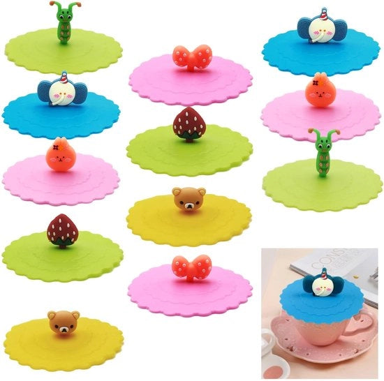 Deksel in Silicone 12 pezzi - Copertura anti- polvere - Copertura riciclabile - Copertura per bicchieri - Maniglia cartoon - 10 CM - Copertura per tazza