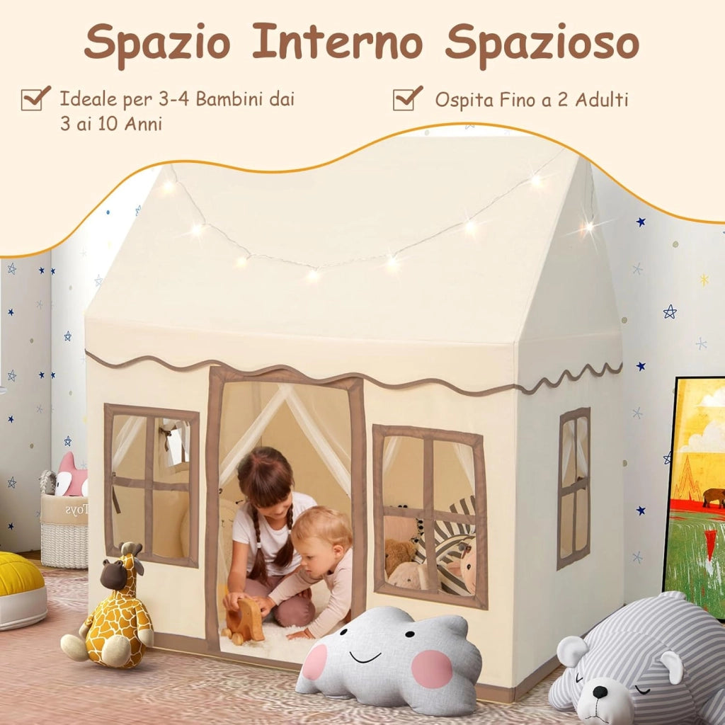 Tenda da Gioco per Bambini con Luci a Stella, Tappetino in Velluto Lavabile e Antiscivolo, Finestre e Tende a Rete, Ideale per Interni ed Esterni per Bambini 3 Anni + (Giallo)